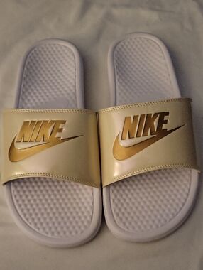 Nike Women's Benassi JDI Iridescent Cream Slides with Metallic Gold Logo (Sz 11)